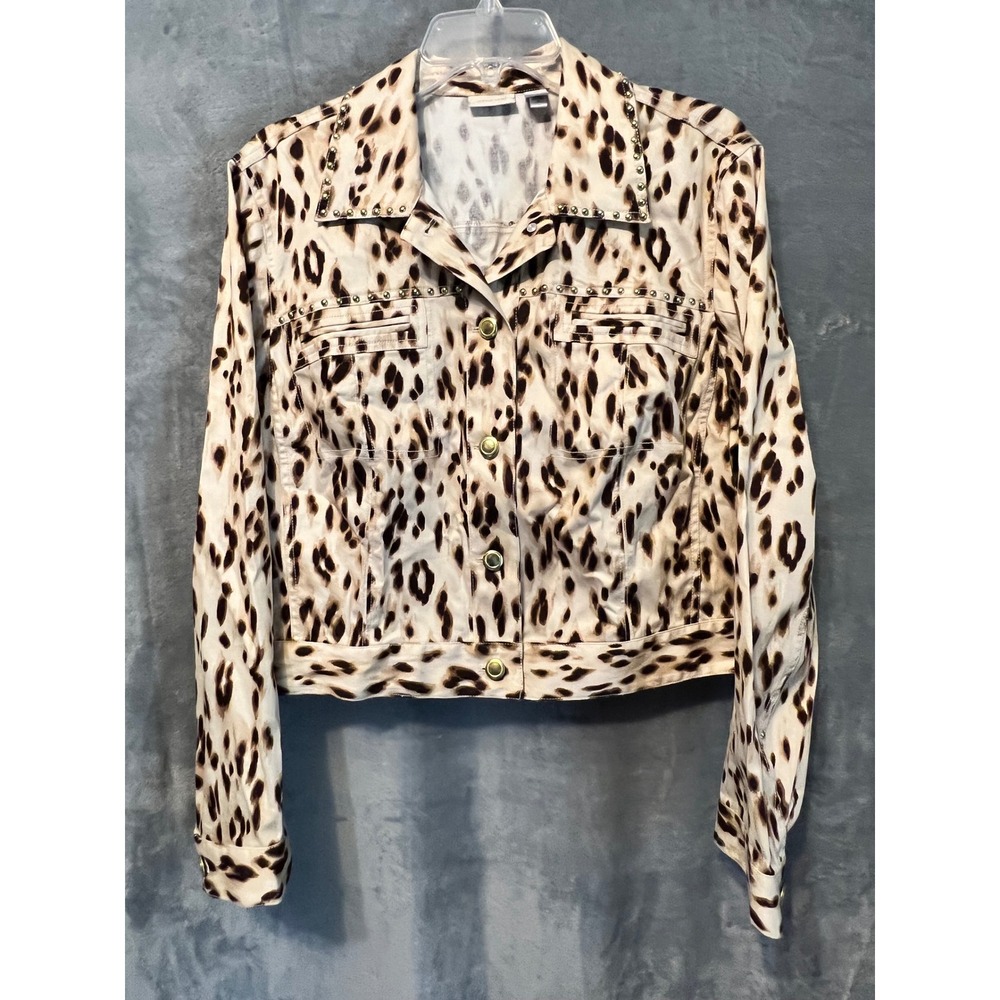 Chico's Animal Print Studded Cropped Jacket Boho 3 Leopard Safari Stretch